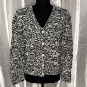 Tribeca Studios Women’s Medium Black White V Neck Button Up Cardigan Sweater